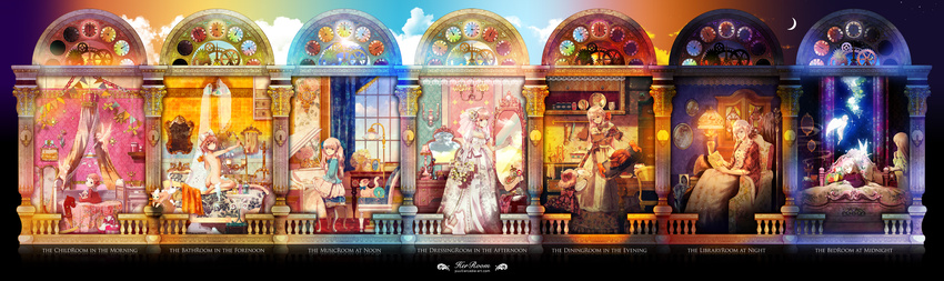 absurdres age_progression angel baby bath bedroom book bridal_veil brown_eyes cat clock dress food highres instrument long_hair mirror mother_and_daughter multiple_girls multiple_persona nude original piano pink_hair rainbow_background reading short_hair sitting veil violin wedding_dress window yuu_(arcadia)