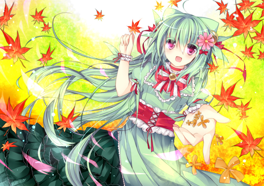 bangs blush bow dress flower frills gen_3_pokemon green_hair hair_flower hair_ornament holding homaderi leaf long_hair looking_at_viewer maple_leaf personification pink_eyes pokemon puffy_sleeves reaching_out ribbon sceptile sidelocks solo wallpaper wristband
