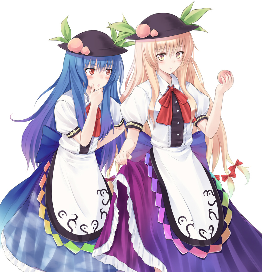 blonde_hair blouse blue_hair blush bow check_translation commentary cosplay food fruit hair_bow hat highres hinanawi_tenshi hinanawi_tenshi_(cosplay) holding holding_food holding_fruit leaf long_hair multiple_girls peach red_eyes suzushiro_yukari touhou translation_request yakumo_yukari yellow_eyes