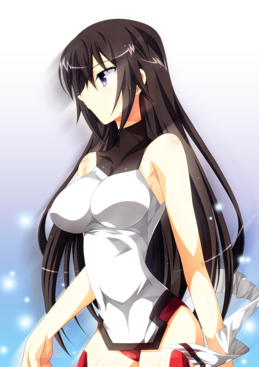 alternate_hairstyle bangs bare_shoulders black_hair breasts covered_navel cowboy_shot from_side gradient gradient_background hair_between_eyes hair_down halterneck highres holding infinite_stratos ka2 large_breasts leotard light_particles long_hair looking_to_the_side pelvic_curtain pilot_suit profile purple_eyes ribbon serious shinonono_houki sleeveless solo turtleneck untied very_long_hair