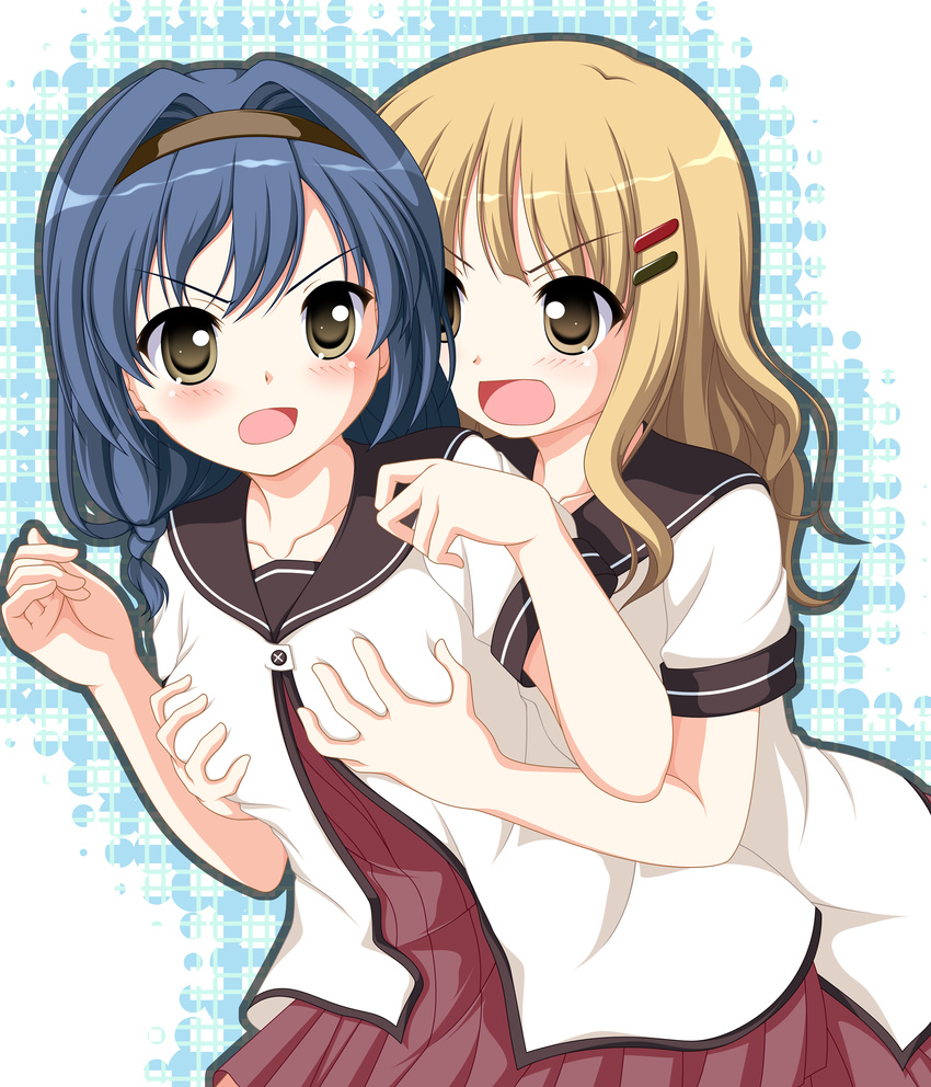 blonde_hair blue_hair blush breast_grab breasts furutani_himawari grabbing hair_intakes hair_ornament hairband hairclip highres kakesu long_hair multiple_girls nanamori_school_uniform oomuro_sakurako open_mouth school_uniform serafuku small_breasts yuri yuru_yuri