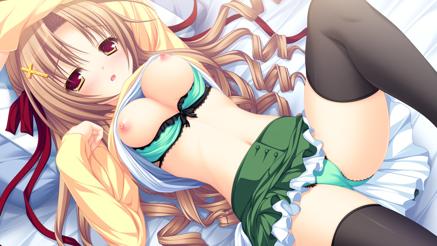 bra breasts brown_eyes brown_hair game_cg kotoharu_kanon long_hair lunaris_filia mikagami_mamizu nipples panties thighhighs underwear whirlpool