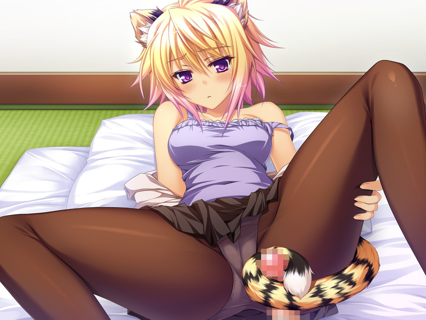 1boy 1girl animal_ears black_legwear blonde_hair byoubu_tetora cat_ears catgirl censored game_cg highres otomimi_infinity panties pantyhose penis purple_eyes short_hair solo_focus spread_legs tail tail_job tailjob underwear yasaka_minato