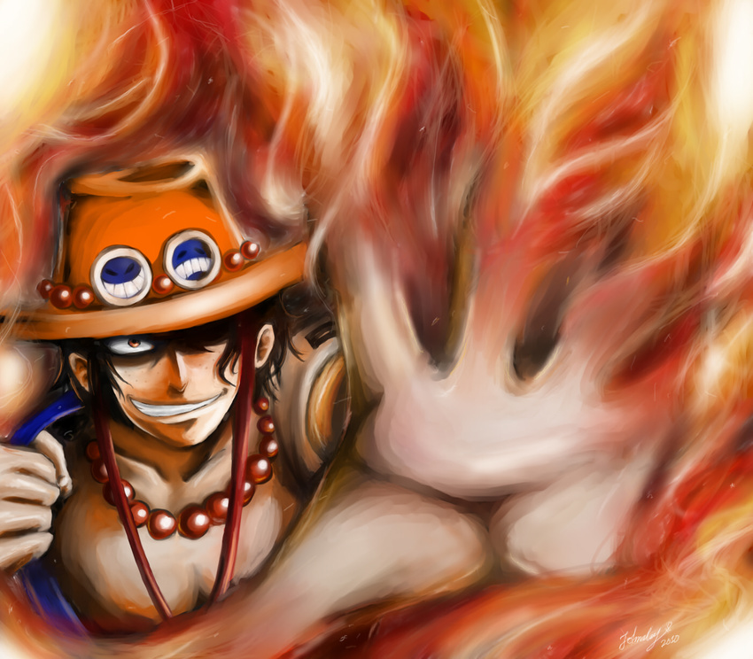 bad_id bad_pixiv_id beads brown_hair fire foreshortening grin hands hat highres johnalay male_focus one_piece portgas_d_ace shirtless smile solo