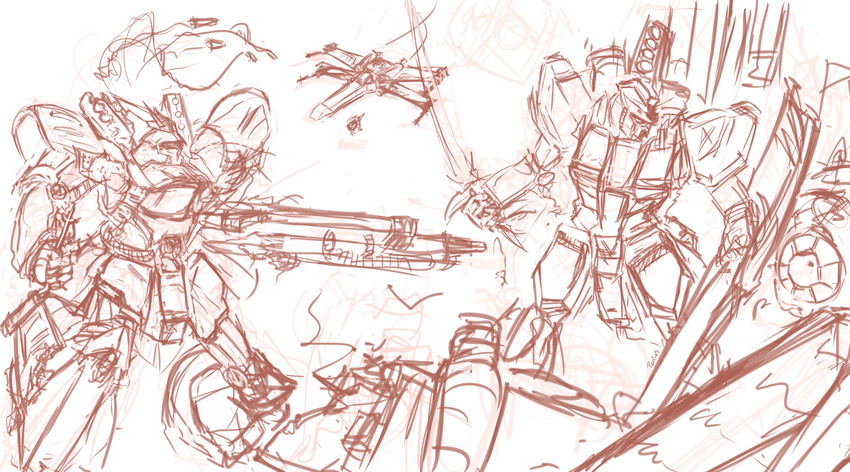 aerial_battle battle crossover dogfight epic gundam highres mecha missile mobile_suit mobile_suit_gundam no_humans nu_gundam panties_(pantsu-pirate) sazabi sketch space_craft star_wars starfighter t-65_x-wing tie_fighter work_in_progress x-wing