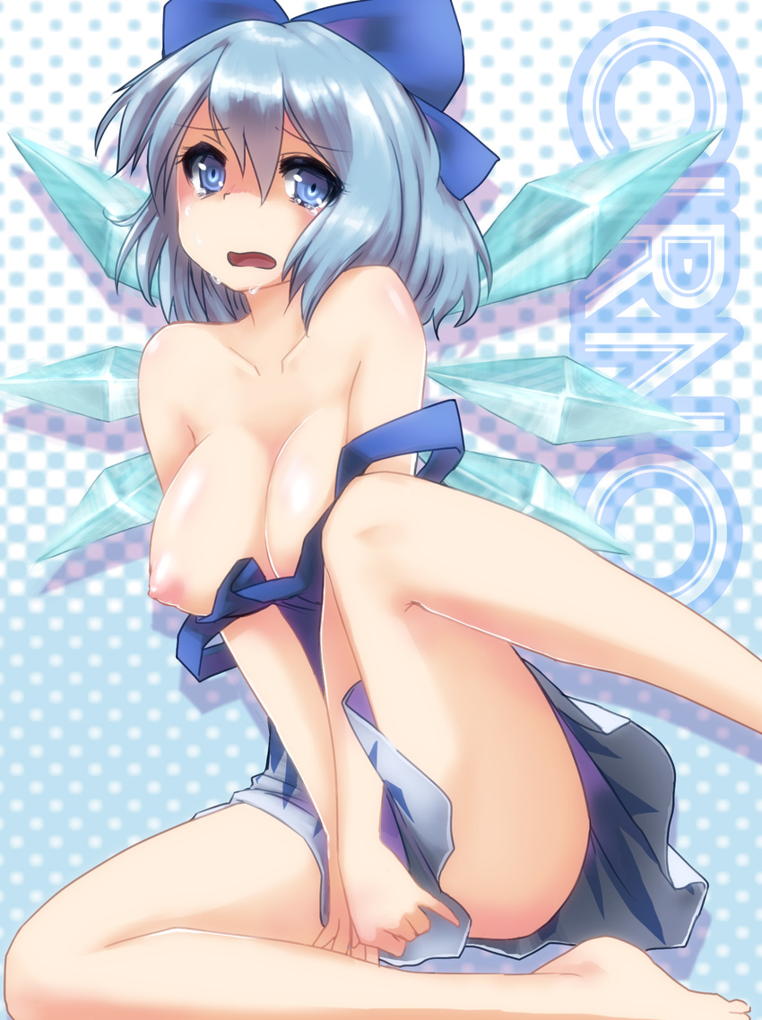 alternate_breast_size bare_legs bare_shoulders barefoot blue_eyes blue_hair blush breasts cirno collarbone covering covering_crotch dress dress_tug highres large_breasts nipples no_bra no_panties short_hair sibata solo strap_slip tears teenage touhou wings