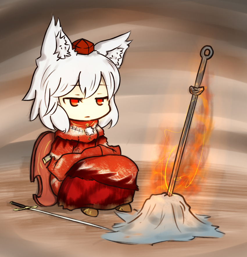 alternate_costume animal_ears bad_id bad_pixiv_id bonfire dark_souls fire grey_hair hat highres inubashiri_momiji jitome red_eyes ryota_tentei shield short_hair sitting solo souls_(from_software) sword tokin_hat touhou weapon white_hair wolf_ears