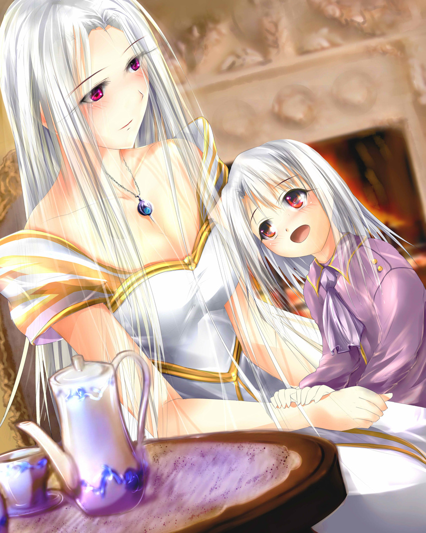 absurdres dress dutch_angle fate/zero fate_(series) garyljq highres illyasviel_von_einzbern irisviel_von_einzbern jewelry long_hair mother_and_daughter multiple_girls necklace red_eyes teapot white_hair