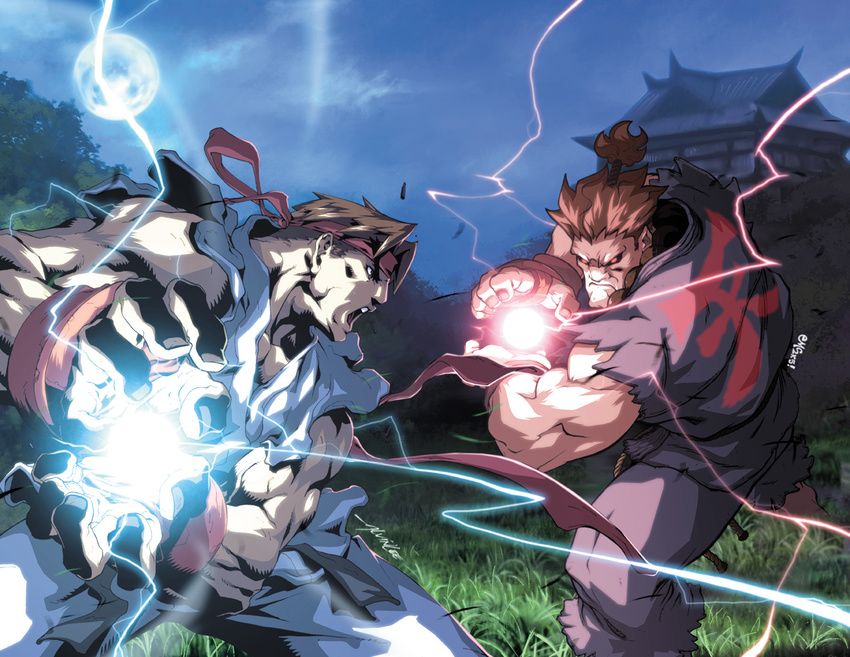 2boys black_hair capcom duo fighting full_moon gouki grass magic moon multiple_boys red_eyes red_hair ryu ryuu_(street_fighter) short_hair spiked_hair spiky_hair street_fighter udon_entertainment