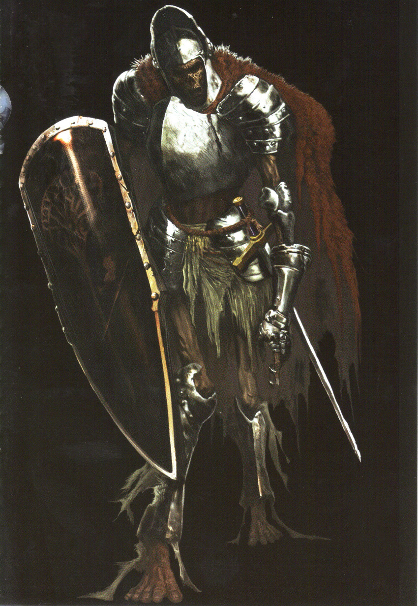 armor balder_knight cape dark_souls helmet highres male_focus official_art scan shield solo souls_(from_software) sword weapon