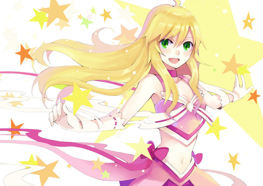 ahoge blonde_hair blush bow choker cute_&amp;_girly_(idolmaster) gloves green_eyes hao_(patinnko) hoshii_miki idolmaster idolmaster_(classic) long_hair looking_at_viewer navel open_mouth pink_bow smile solo star