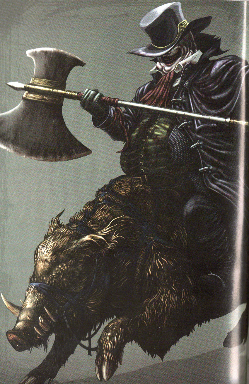 boar dark_souls grin hat highres no_humans official_art scan smile souls_(from_software) weapon