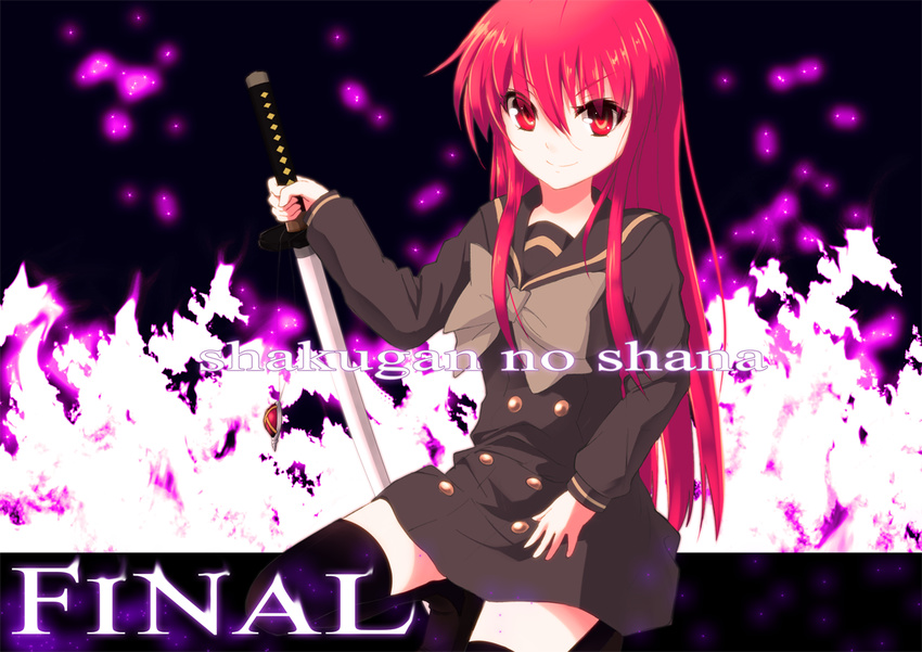 long_hair mokkei red_eyes red_hair school_uniform serafuku shakugan_no_shana shana solo sword thighhighs weapon