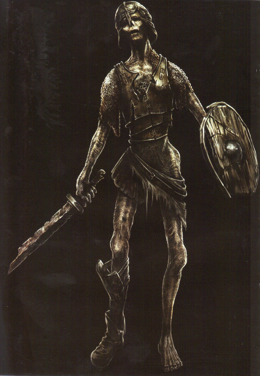 armor dark_souls helmet highres hollow_warrior male_focus official_art scan shield solo souls_(from_software) sword weapon