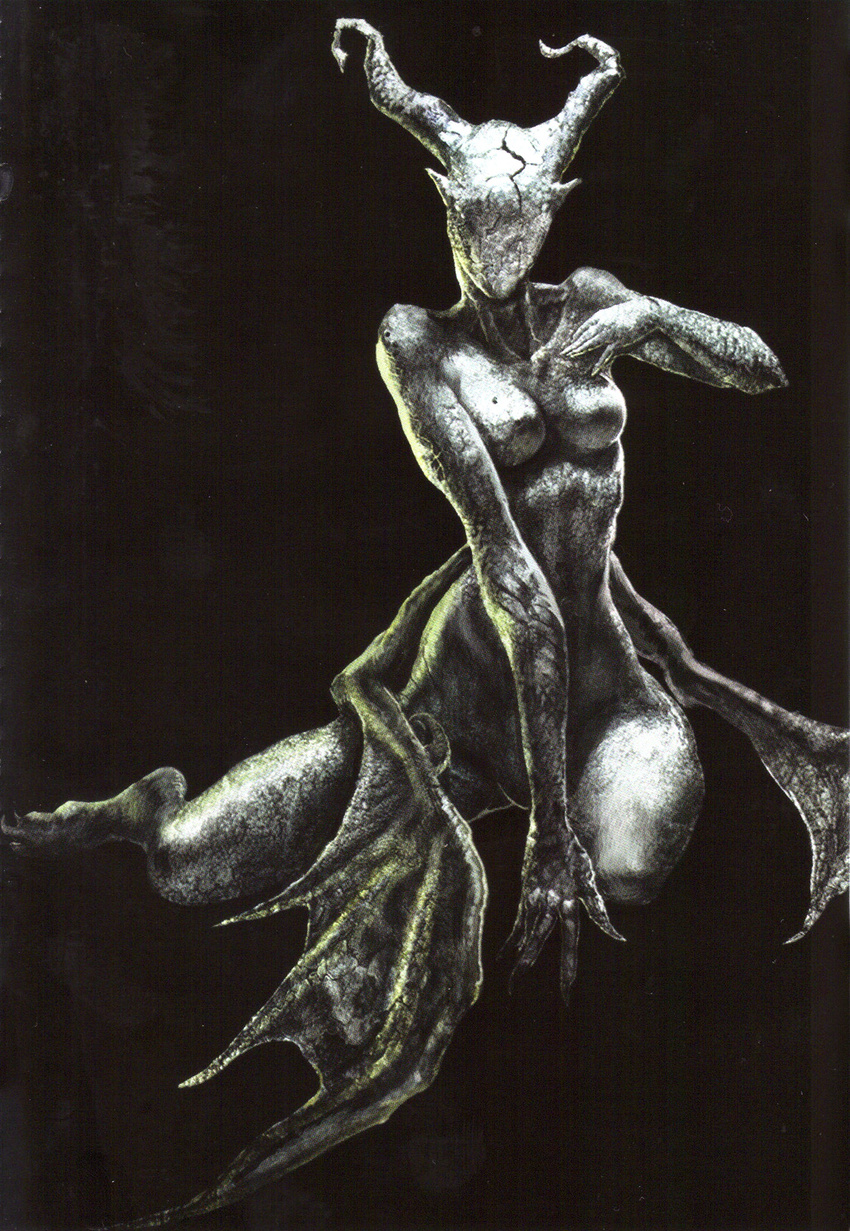 dark_souls demon demon_girl faceless gargoyle highres horns monochrome no_humans nude official_art scan scan_artifacts solo souls_(from_software) statue wings