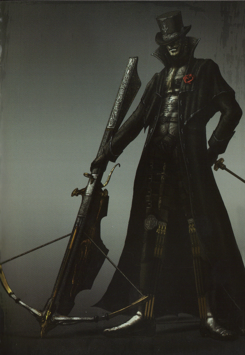 bow_(weapon) coat crossbow dark_souls flower hat highres male_focus official_art rose scan smile solo souls_(from_software) sword weapon