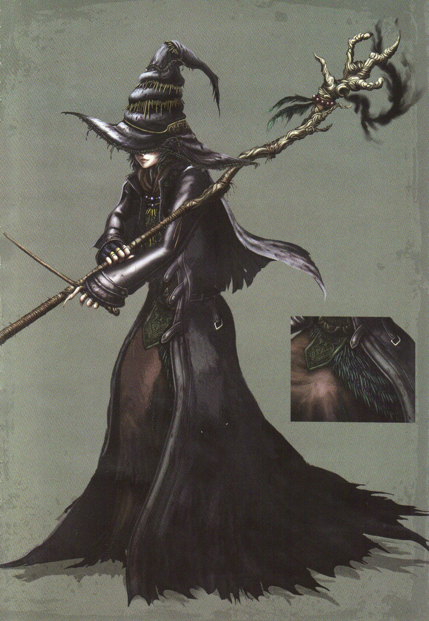 dark_souls dress feathers fingernails hat highres long_fingernails official_art scan smile souls_(from_software) staff witch witch_beatrice witch_hat