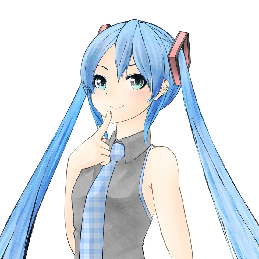 alternate_hair_color aqua_eyes bad_id bad_pixiv_id bare_shoulders blue_hair finger_to_mouth hatsune_miku highres long_hair necktie nekobaka simple_background smile solo thinking twintails upper_body very_long_hair vocaloid