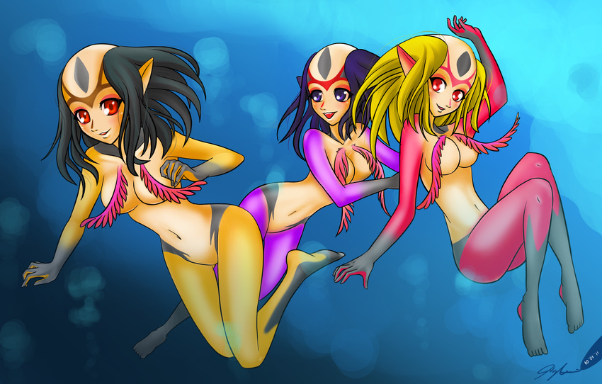 3_girls blue_submarine_no_6 breasts convenient_censoring convenient_censorship female group hi_res migs3331 migs3331_(artist) monster monster_girl mutio mutio_twins nude plain_background pointy_ears red_eyes smile swimming underwater water