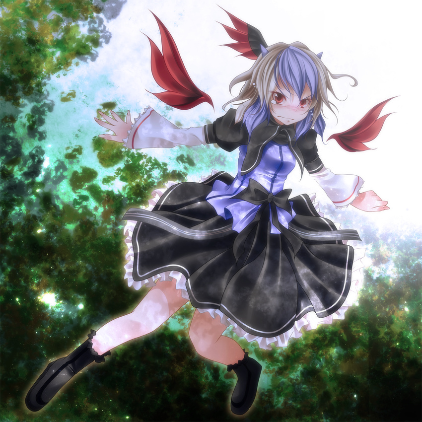 angry bad_id bad_pixiv_id black_skirt blue_hair blush bow detached_wings frilled_skirt frills head_wings highres horns medium_skirt multicolored_hair outstretched_arms red_eyes red_wings s-syogo shirt silver_hair single_head_wing skirt solo striped striped_skirt tears tokiko_(touhou) touhou two-tone_hair wavy_mouth wings
