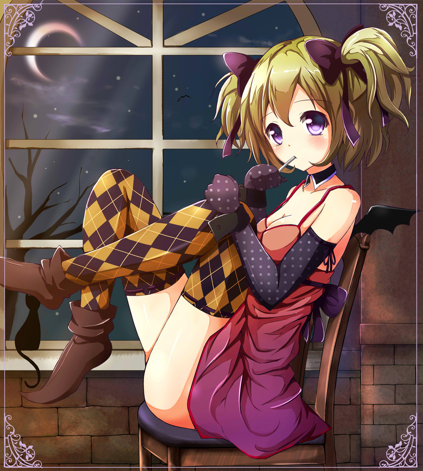argyle argyle_legwear bat_wings blonde_hair blush bow candy crescent_moon detached_collar dress elbow_gloves food gloves hair_bow halloween highres legs_up lollipop looking_at_viewer moon night night_sky ok-ray original purple_eyes short_hair short_twintails sitting sky solo star_(sky) starry_moon thighhighs twintails window wings wrist_cuffs