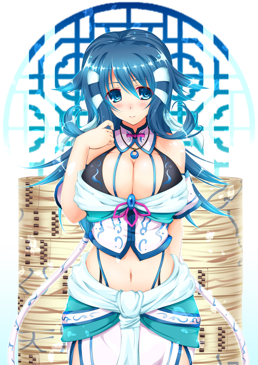 arm_behind_back bare_shoulders blue_eyes blue_hair blush breasts choker cleavage hair_ornament hair_tubes highres hisenkaede jewelry large_breasts long_hair looking_at_viewer midriff navel necklace original smile solo very_long_hair