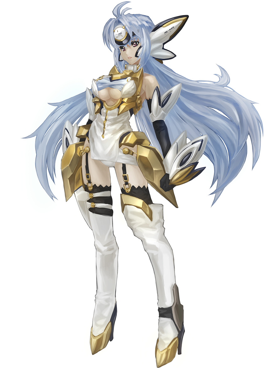 android black_legwear blue_hair boots breasts elbow_gloves full_body garter_straps gloves highres konta kos-mos kos-mos_ver._4 long_hair medium_breasts red_eyes simple_background solo standing thigh_boots thighhighs underboob very_long_hair white_legwear xenosaga xenosaga_episode_iii