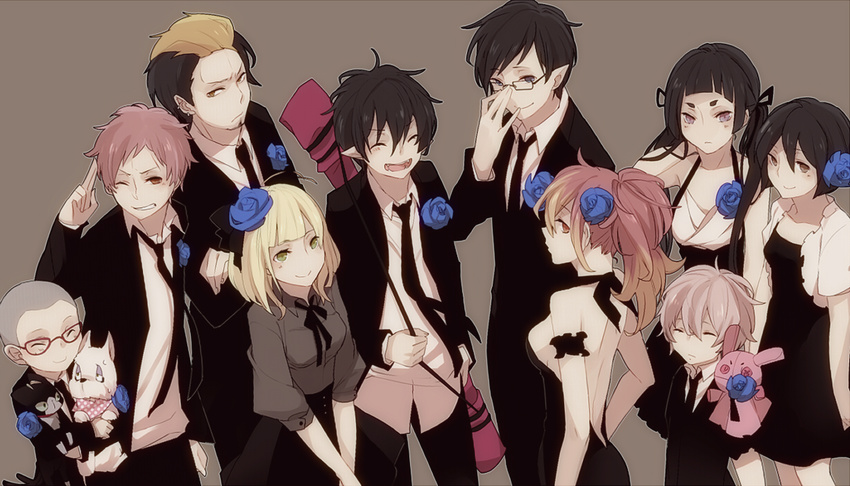 6+boys adjusting_eyewear ao_no_exorcist arm_garter backless_dress backless_outfit bad_id bad_pixiv_id bare_back bare_shoulders black_dress black_hair blonde_hair blue_eyes blue_flower blue_rose breasts brothers brown_eyes brown_hair cat closed_eyes cropped_jacket crossed_arms dog dress earrings evening_gown everyone fangs flower formal glasses gradient_hair green_eyes grin hair_flower hair_ornament halterneck hand_in_pocket hand_puppet jewelry kamiki_izumo kirigakure_shura kuro_(ao_no_exorcist) long_hair medium_breasts mephisto_pheles miwa_konekomaru moriyama_shiemi multicolored_hair multiple_boys multiple_girls necktie okumura_rin okumura_yukio one_eye_closed open_mouth paku_noriko pink_hair pointy_ears polka_dot ponytail puppet purple_eyes red_eyes red_hair rose salute shima_renzou short_dress short_eyebrows short_hair siblings sideboob simple_background sleeveless small_breasts smile spoilers suguro_ryuuji suit sword takara_(ao_no_exorcist) twintails two-finger_salute two-tone_hair weapon zakka_(d-o-t)