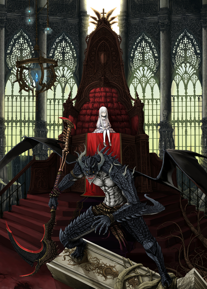 absurdres anago annotated cameo closed_eyes commentary demon highres kooten_bergh_no_youhei long_hair monster original plant princess sazae-san scales scythe sharp_teeth sitting skull sleeping sleeping_beauty stairs tail teeth throne vines weapon white_hair wings