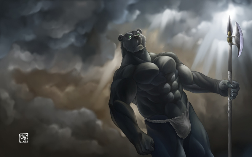 anthro balck_panther bear black_bear black_fur bomb_(artist) bulge cloudy dark_theme fundoshi fur green_eyes halberd male mammal muscles polearm pose solo spear underwear wallpaper