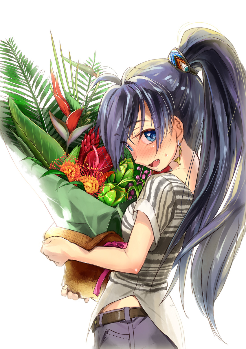 andou_shuuki antenna_hair anthurium backlighting belt bird_of_paradise black_hair blue_eyes blush earrings fang flower ganaha_hibiki highres holding idolmaster idolmaster_(classic) jewelry long_hair looking_at_viewer lotus open_mouth plant ponytail potted_plant profile red_ginger_(flower) simple_background solo spider_lily