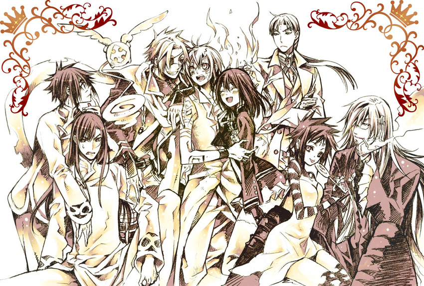 6+boys :p allen_walker alma_karma alternate_hairstyle bandages bandaid black_hair candy changpao chin_rest chinese_clothes cigarette closed_eyes coat cross_marian crossed_arms d.gray-man dress everyone eyepatch facial_hair facial_mark food glasses gloves grin hair_down howard_link kanda_yuu lavi lenalee_lee lollipop long_hair miniskirt monochrome multiple_boys multiple_girls open_mouth ponytail road_kamelot scar scarf sepia short_dress short_hair sitting skirt smile smoking stubble sugahara_ryuu thighhighs timcanpy tongue tongue_out uniform wristband