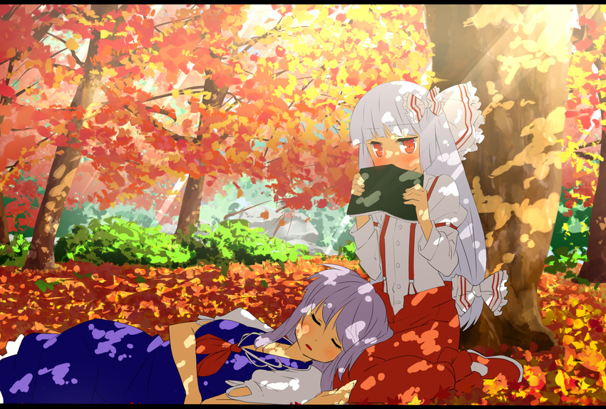 autumn blue_hair blush book bow covering_mouth dappled_sunlight ema20 embarrassed fujiwara_no_mokou hair_bow highres kamishirasawa_keine lap_pillow leaf letterboxed long_hair lying multiple_girls nature no_hat no_headwear on_back silver_hair sitting sunlight suspenders touhou tree tree_shade very_long_hair