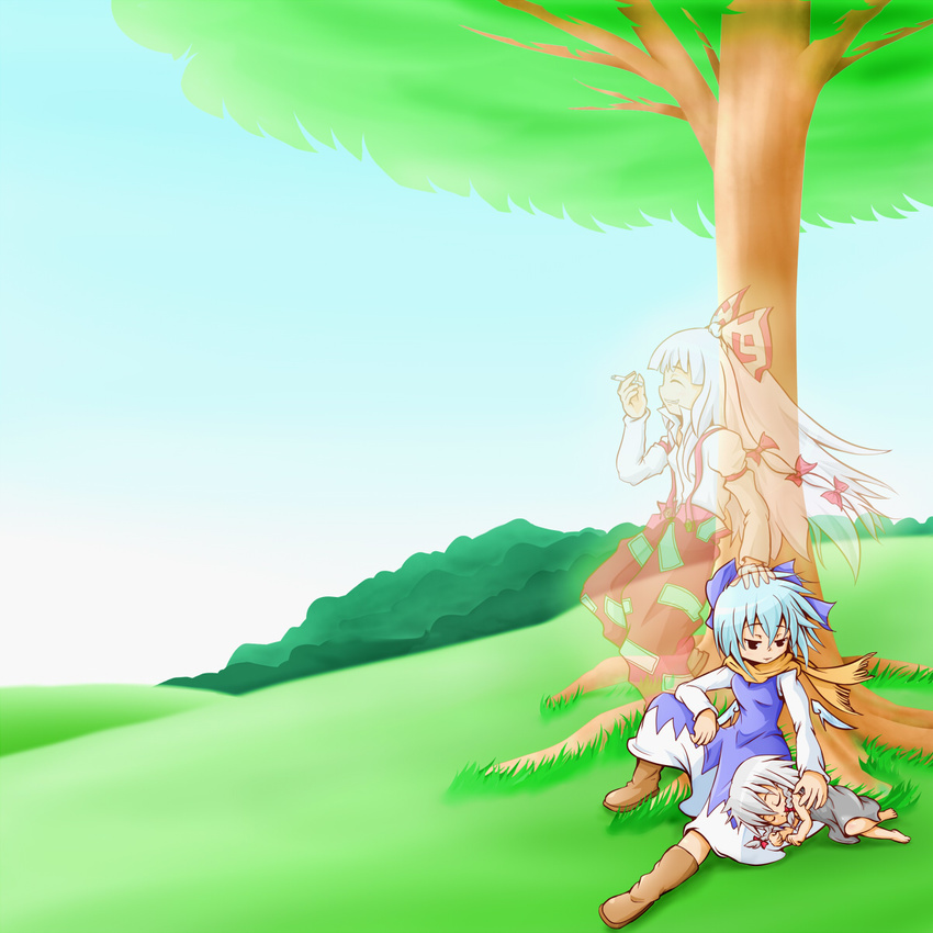 blue_hair boots bow braid child cigarette cirno cirno-nee closed_eyes day dress fujiwara_no_mokou ghost hair_bow hand_on_head highres ice ice_wings izayoi_sakuya lying multiple_girls on_side outdoors pants petting scarf short_hair sitting sleeping smile suspenders touhou tree under_tree uzura-pc white_hair wings younger