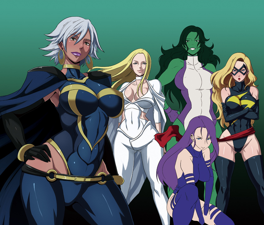 blonde_hair breasts butcha-u cape carol_danvers cleavage curvy dark_skin earrings emma_frost green_hair green_skin grey_hair huge_breasts jennifer_walters jewelry lipstick makeup marvel mask ms._marvel multiple_girls psylocke purple_hair sash she-hulk storm_(x-men) very_dark_skin x-men