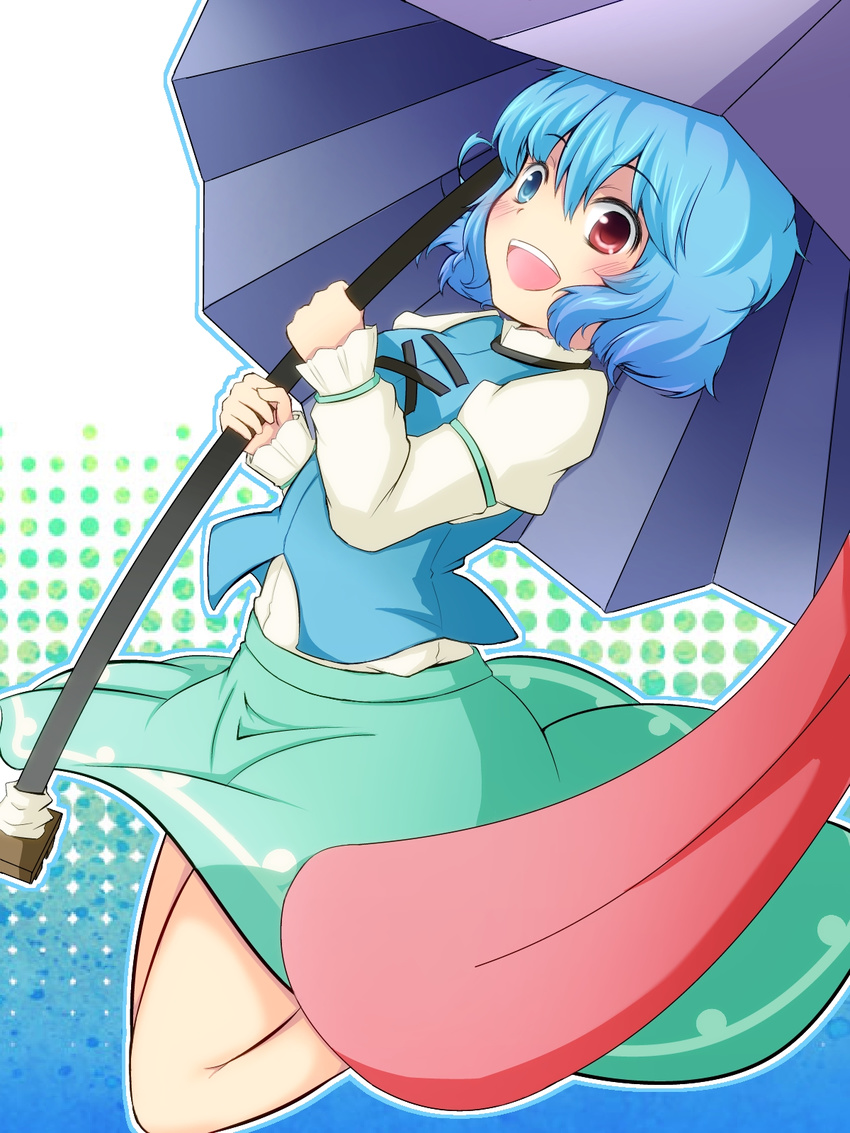 aqua_skirt blue_eyes blue_hair blush daigorou heterochromia highres karakasa_obake medium_skirt open_mouth print_skirt purple_umbrella red_eyes short_hair skirt skirt_set smile solo tatara_kogasa tongue touhou umbrella