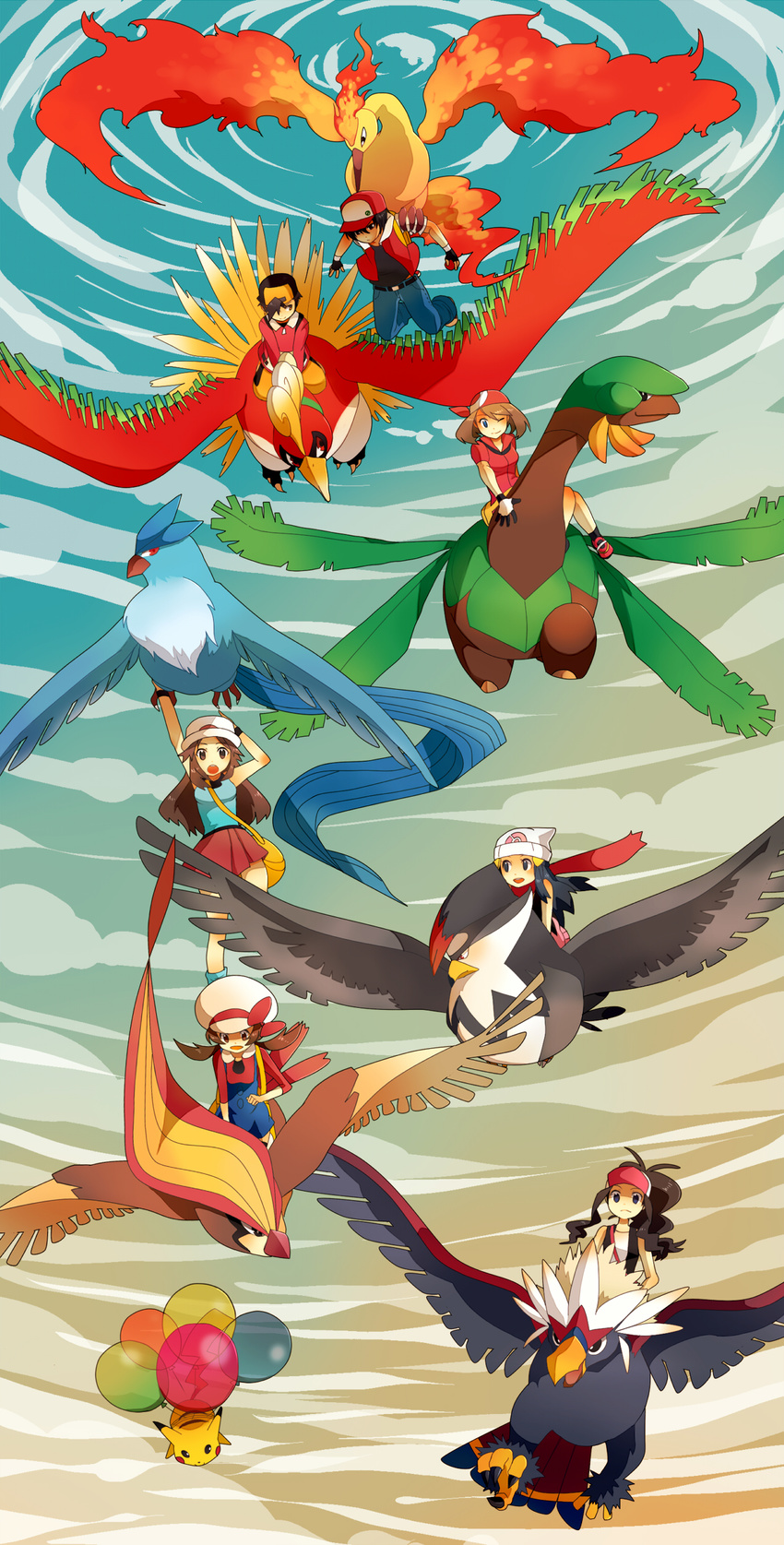 5girls absurdres articuno backwards_hat balloon bandana baseball_cap between_breasts bird blue_(pokemon) braviary breasts cloud flying flying_pikachu gen_1_pokemon gen_2_pokemon gen_3_pokemon gen_4_pokemon gen_5_pokemon gold_(pokemon) haruka_(pokemon) hat highres hikari_(pokemon) ho-oh kotone_(pokemon) leaf legendary_pokemon long_image moltres multiple_boys multiple_girls odd_one_out pidgeot pikachu pokemon pokemon_(creature) pokemon_(game) pokemon_bw pokemon_dppt pokemon_frlg pokemon_gsc pokemon_hgss pokemon_rgby pokemon_rse red_(pokemon) red_(pokemon_rgby) roku_roku_(greentea66) sky staraptor strap_cleavage tall_image touko_(pokemon) tropius