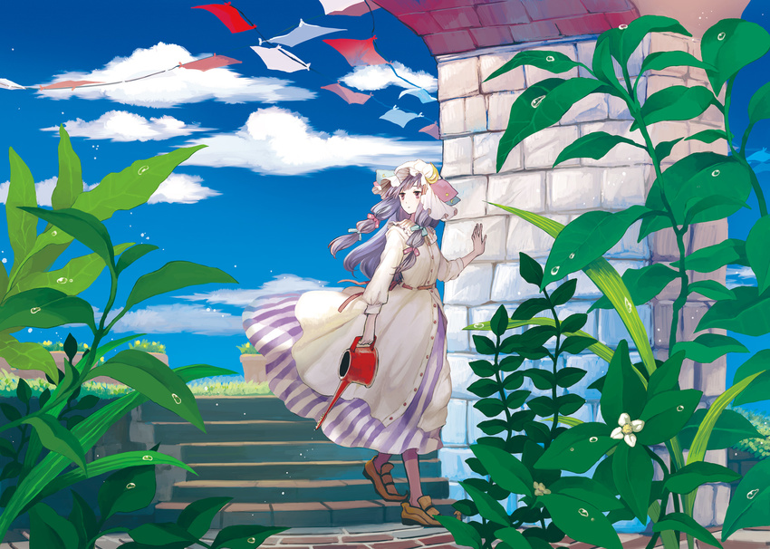 blue_sky brick capelet cloud crescent day dew_drop dress flag flags_of_all_nations flower hair_ribbon hand_on_wall hat hat_ornament highres leaf loafers long_dress long_hair long_sleeves looking_away looking_to_the_side mob_cap outdoors patchouli_knowledge plant potted_plant purple_eyes purple_hair ribbon shoes sidelocks sky solo stairs standing string string_of_flags striped sugi touhou tress_ribbon vertical_stripes water water_drop watering_can wind