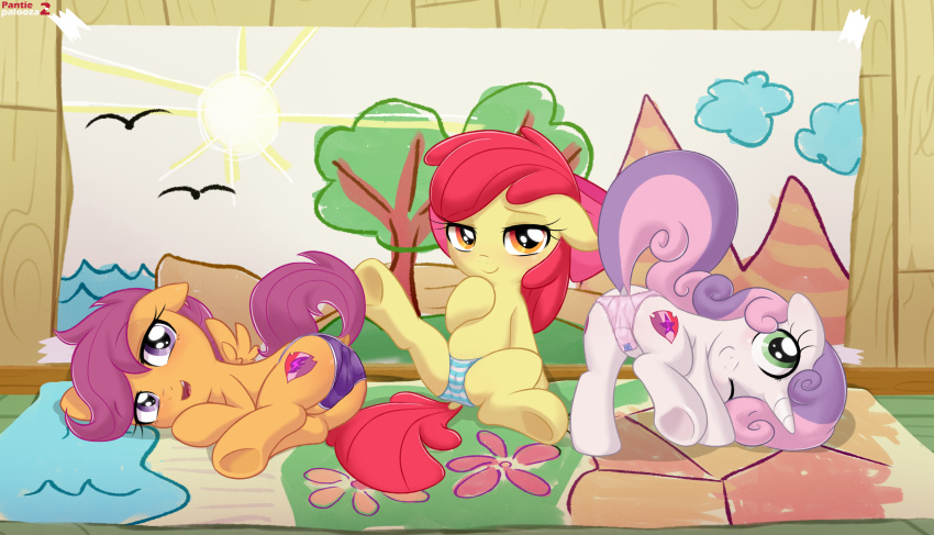 2019 absurd_res apple_bloom_(mlp) butt camel_toe clothing cub cutie_mark cutie_mark_crusaders_(mlp) dock earth_pony equine eyelashes female feral friendship_is_magic group hi_res hooves horn horse looking_at_viewer mammal my_little_pony panties pegasus pestil pony scootaloo_(mlp) smile spread_legs spreading sweetie_belle_(mlp) underhoof underwear unicorn wings young