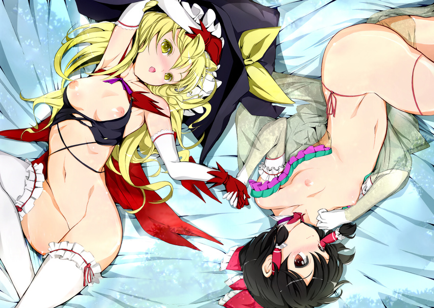 arm_up armpits bad_id bad_pixiv_id bed_sheet black_hair blonde_hair blush bottomless bow breasts elbow_gloves flat_chest gloves groin hair_bow hair_tubes hakurei_reimu hat hat_ribbon holding_hands kirisame_marisa long_hair looking_at_viewer lying multiple_girls navel nipples on_back open_mouth panties red_eyes reri ribbon see-through short_hair side-tie_panties small_breasts smile thighhighs touhou underwear white_legwear witch_hat yellow_eyes