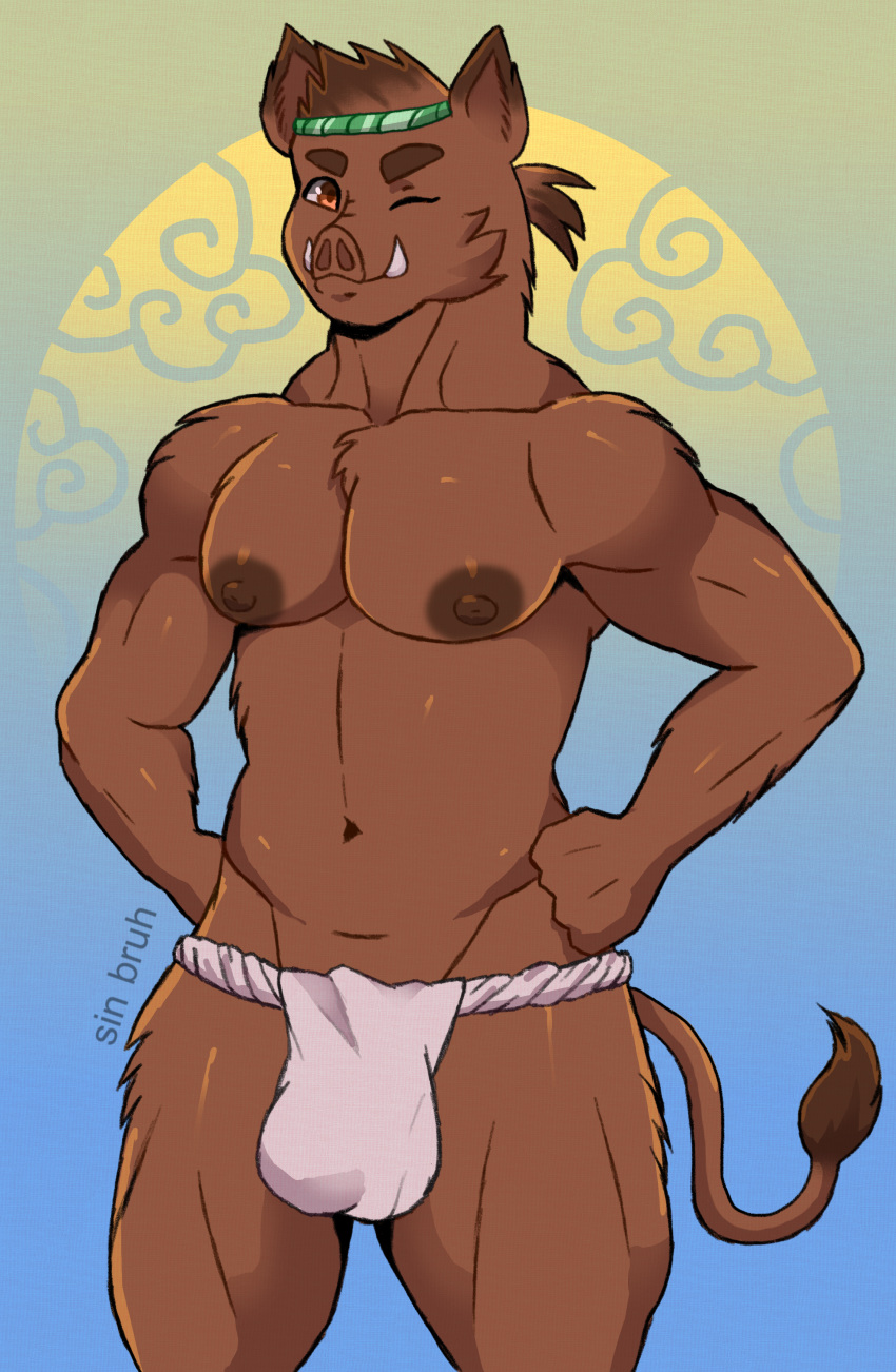 2019 anthro areola boar brown_fur clothed clothing digital_media_(artwork) fundoshi fur hands_on_hips hi_res japanese_clothing looking_at_viewer male mammal muscular muscular_male navel nipples pecs porcine simple_background sin_bruh smile solo standing tusks underwear