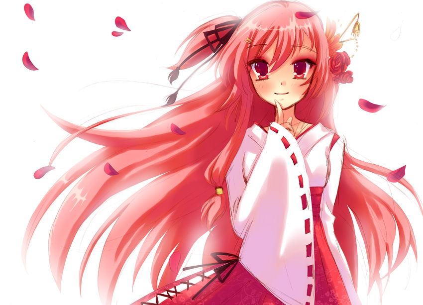 bad_id bad_pixiv_id bloom eva_smith finger_to_face flower hair_flower hair_ornament index_finger_raised japanese_clothes long_hair miko one_side_up original petals pink_eyes pink_hair red_eyes red_flower red_hair red_rose rose short_ponytail smile solo tassel wide_sleeves