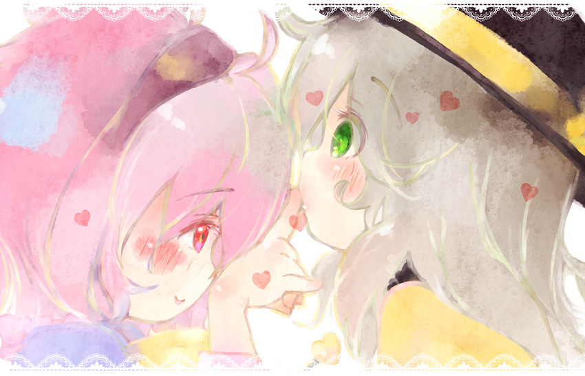 blush finger_to_mouth green_eyes hairband hat incest komeiji_koishi komeiji_satori multiple_girls pink_eyes pink_hair shipu_(toppintetratorten) siblings sisters touhou white_hair yuri