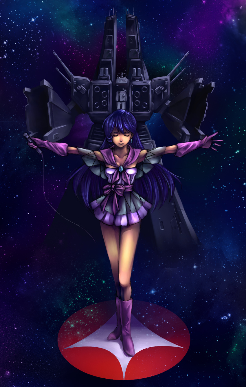 80s armd bad_id bad_pixiv_id black_hair blue_hair boots choujikuu_yousai_macross closed_eyes dress earrings gloves highres jewelry legs long_hair lynn_minmay macross macross:_do_you_remember_love? mecha microphone miniskirt oldschool pink_footwear pleated_skirt purple_skirt science_fiction sdf-1 skirt space_craft star storm_attacker u.n._spacy yu-yu_(quelsunwell)