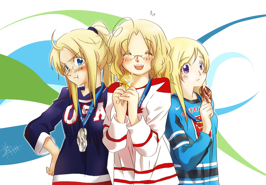 3girls :t ahoge america_(hetalia) axis_powers_hetalia blonde_hair blue_eyes canada_(hetalia) closed_eyes clothes_writing finland_(hetalia) genderswap genderswap_(mtf) glasses hand_on_hip jersey long_hair medal multiple_girls olympics piggy_ho_ho ponytail purple_eyes