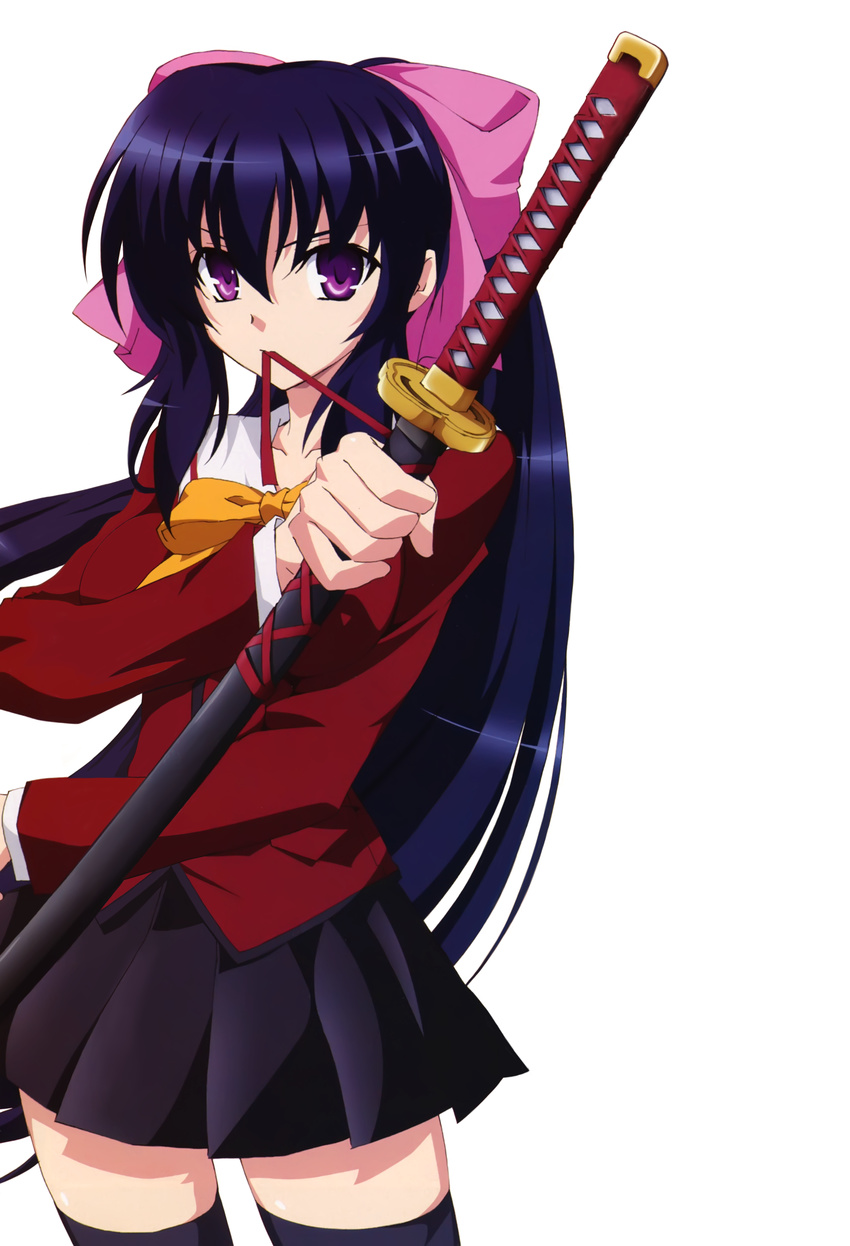 absurdres artist_request blue_hair bow hair_bow highres katana long_hair long_sleeves mouth_hold noihara_himari official_art omamori_himari purple_eyes ribbon ribbon_in_mouth school_uniform skirt solo sword thighhighs weapon zettai_ryouiki