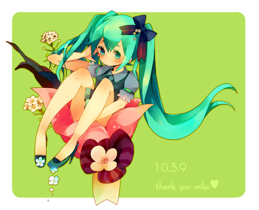 aqua_eyes aqua_hair bad_id bad_pixiv_id bow flower hair_bow hair_ribbon hatsune_miku knees_to_chest legs long_hair mayoz mikupa ribbon shoes solo twintails vocaloid