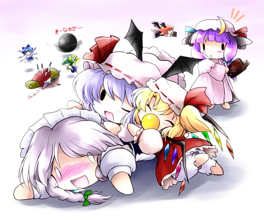 0_0 6+girls :d ^_^ bat_wings blonde_hair blue_hair chibi cirno closed_eyes crescent daiyousei drooling dying_message fallen_down flandre_scarlet flying green_hair hat head_wings highres hong_meiling is_that_so izayoi_sakuya knife knifed koakuma multiple_girls one_eye_closed open_mouth pacifier patchouli_knowledge purple_hair red_hair remilia_scarlet revision rumia rumia_(darkness) saliva silver_hair smile so_moe_i'm_gonna_die! star the_embodiment_of_scarlet_devil touhou wavy_mouth wings yume_shokunin