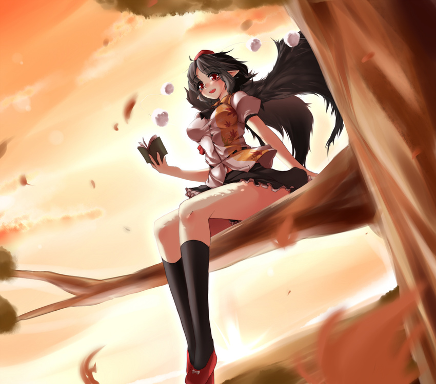 arm_support bad_id bad_pixiv_id black_hair black_wings geta hat highres in_tree looking_down notebook open_mouth pointy_ears red_eyes shameimaru_aya short_hair sitting sitting_in_tree smile solo sunset tengu-geta tokin_hat touhou tree wings yamane_akira