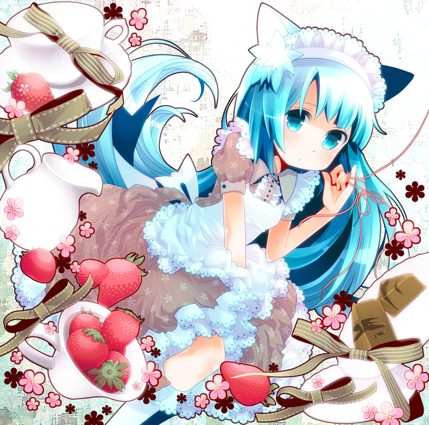 animal_ears blue_eyes blue_hair bow cat_ears cup flower food fruit highres long_hair maid maid_headdress moonyan original pitcher plate ribbon solo strawberry teacup very_long_hair